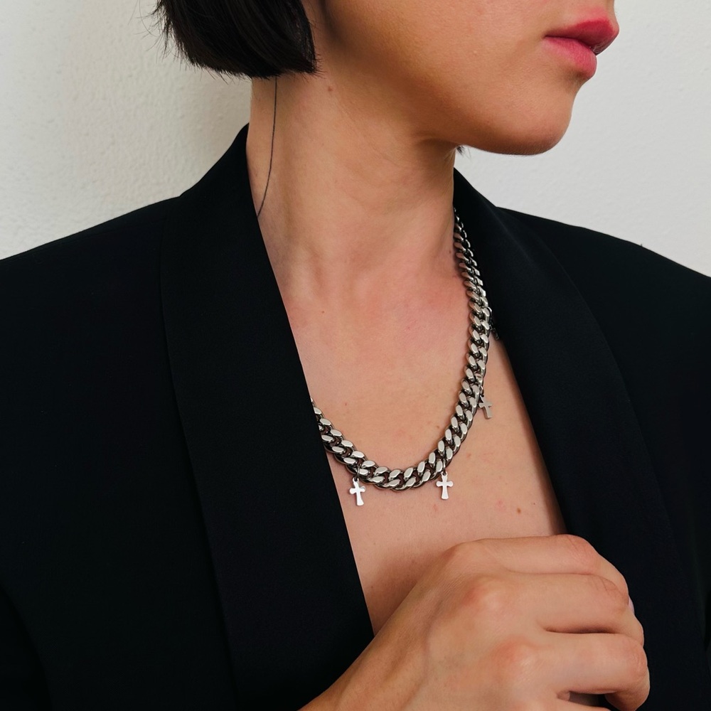 New Chunky Silver Cuban Chain Cross Necklace Thick